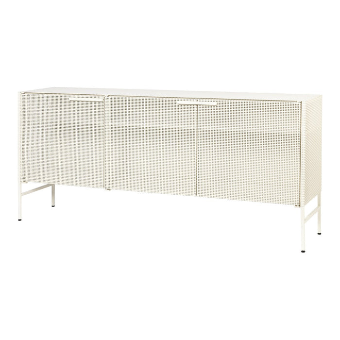 White metal storage cabinet with a sleek design and vertical striped pattern on the front panels.
