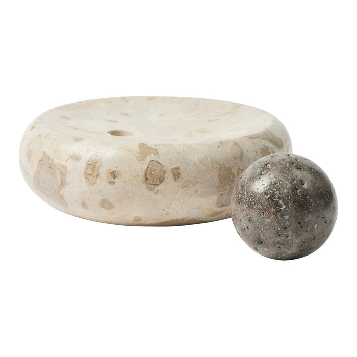 Neutral-toned round base with subtle speckled pattern paired with a textured gray ball, ideal for modern decor.