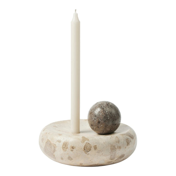 Off-white candle holder with a smooth, textured base and contrasting grey decorative sphere. Elegant modern design.