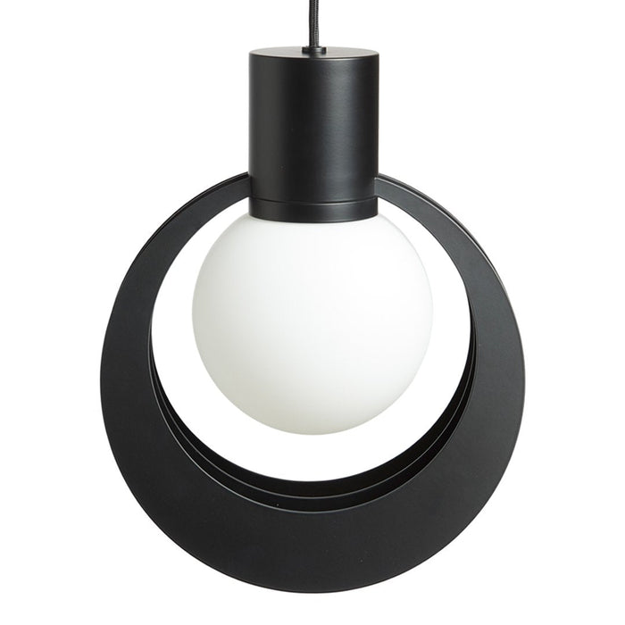 Modern black pendant lamp featuring a spherical white glass shade and a sleek circular design. Perfect for contemporary decor.