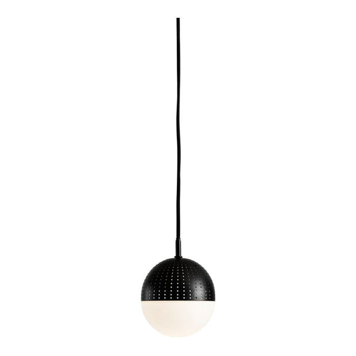 Black and white pendant lamp with a perforated pattern, featuring a round globe shape and a sleek black cord.