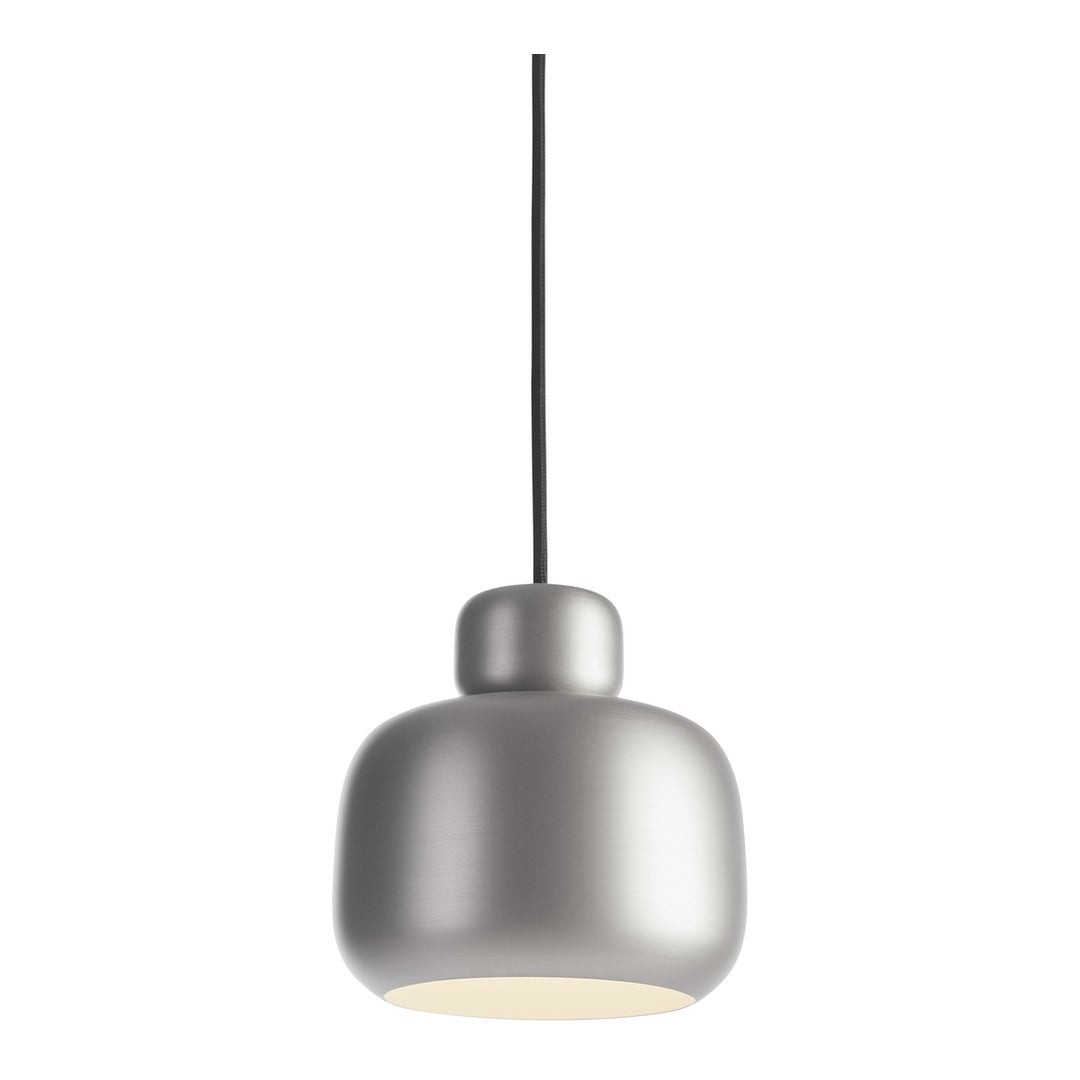 Sleek silver pendant lamp with a matte finish, featuring a modern, rounded shape and soft white light.