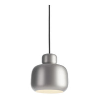 Sleek silver pendant lamp with a matte finish, featuring a modern, rounded shape and soft white light.