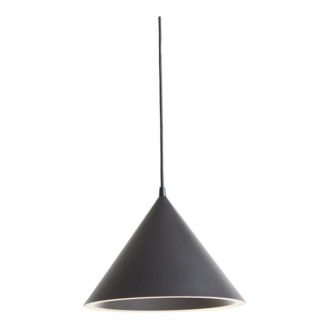 Sleek black cone-shaped pendant lamp with a minimalist design and a contrasting white inner rim.