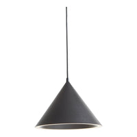 Sleek black cone-shaped pendant lamp with a minimalist design and a contrasting white inner rim.