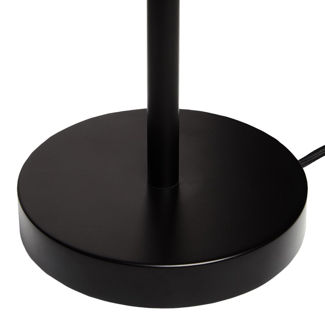 Black lamp base with a smooth, circular design and a sleek finish, featuring minimalist lines and a modern aesthetic.
