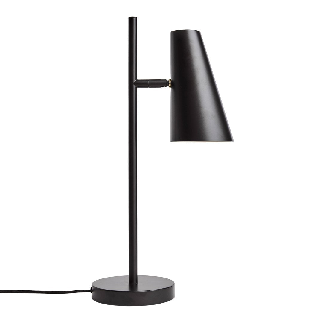 Sleek black metal table lamp with a conical shade and circular base, perfect for modern decor.