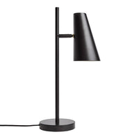 Sleek black metal table lamp with a conical shade and circular base, perfect for modern decor.