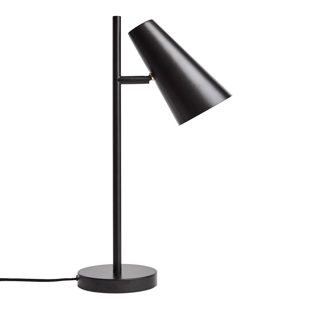 Sleek black table lamp with a modern conical shade and minimalist design, perfect for contemporary decor.
