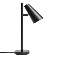Sleek black table lamp with a modern conical shade and minimalist design, perfect for contemporary decor.