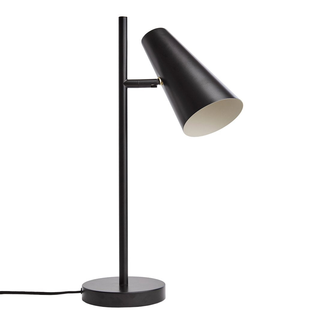 Black metal table lamp with a sleek conical shade and a modern design. Perfect for minimalist decor.