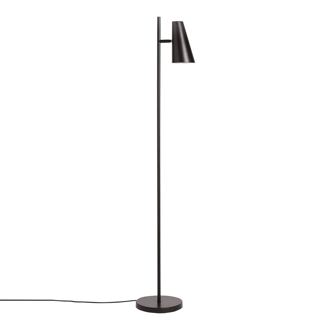 Sleek black floor lamp with a minimalist design and modern, tapered shade on a round base.