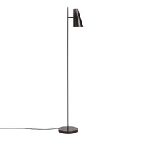 Sleek black floor lamp with a minimalist design and modern, tapered shade on a round base.