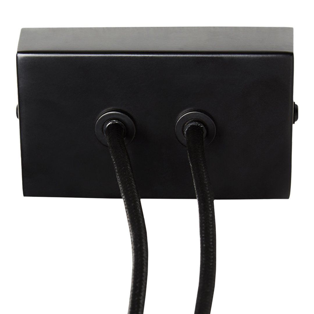 Black box with two circular connectors and textured black cables, creating a sleek, modern design.