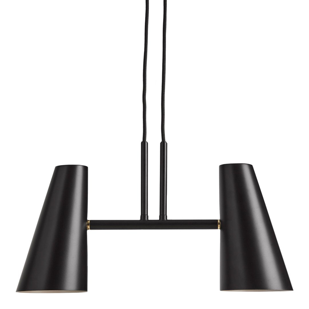 Black modern pendant lamp with sleek cone-shaped shades and minimalistic design. Ideal for contemporary decor.