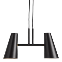Black modern pendant lamp with sleek cone-shaped shades and minimalistic design. Ideal for contemporary decor.