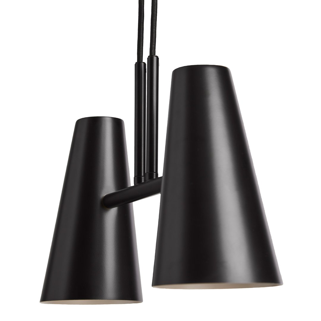 Sleek black pendant lamp with modern conical shades and a minimalist design, perfect for contemporary decor.