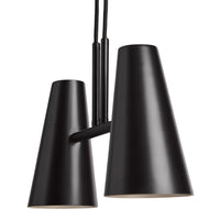 Sleek black pendant lamp with modern conical shades and a minimalist design, perfect for contemporary decor.
