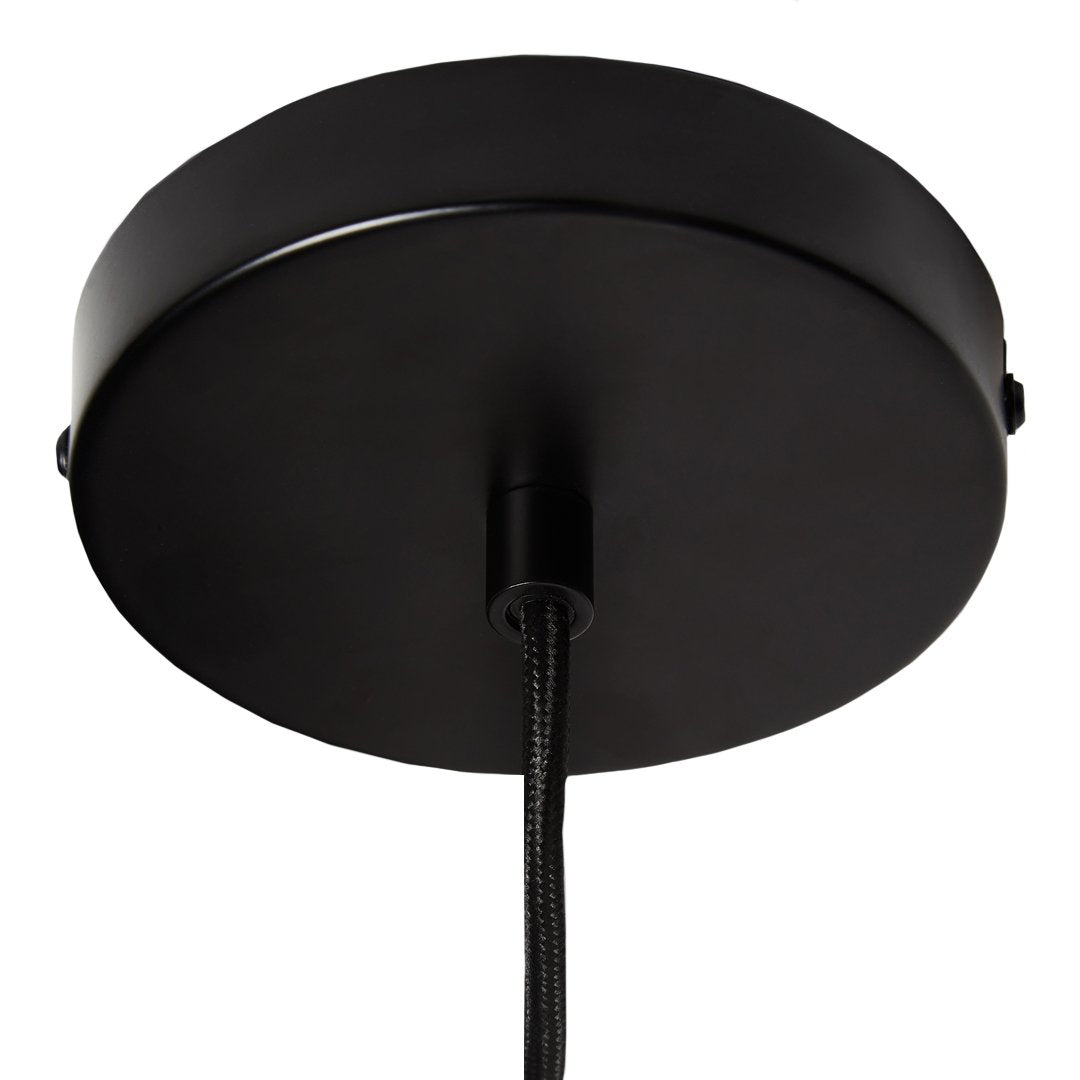 Black ceiling mount with smooth matte finish and textured cable. Sleek design perfect for modern decor.