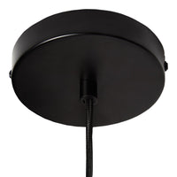 Black ceiling mount with smooth matte finish and textured cable. Sleek design perfect for modern decor.