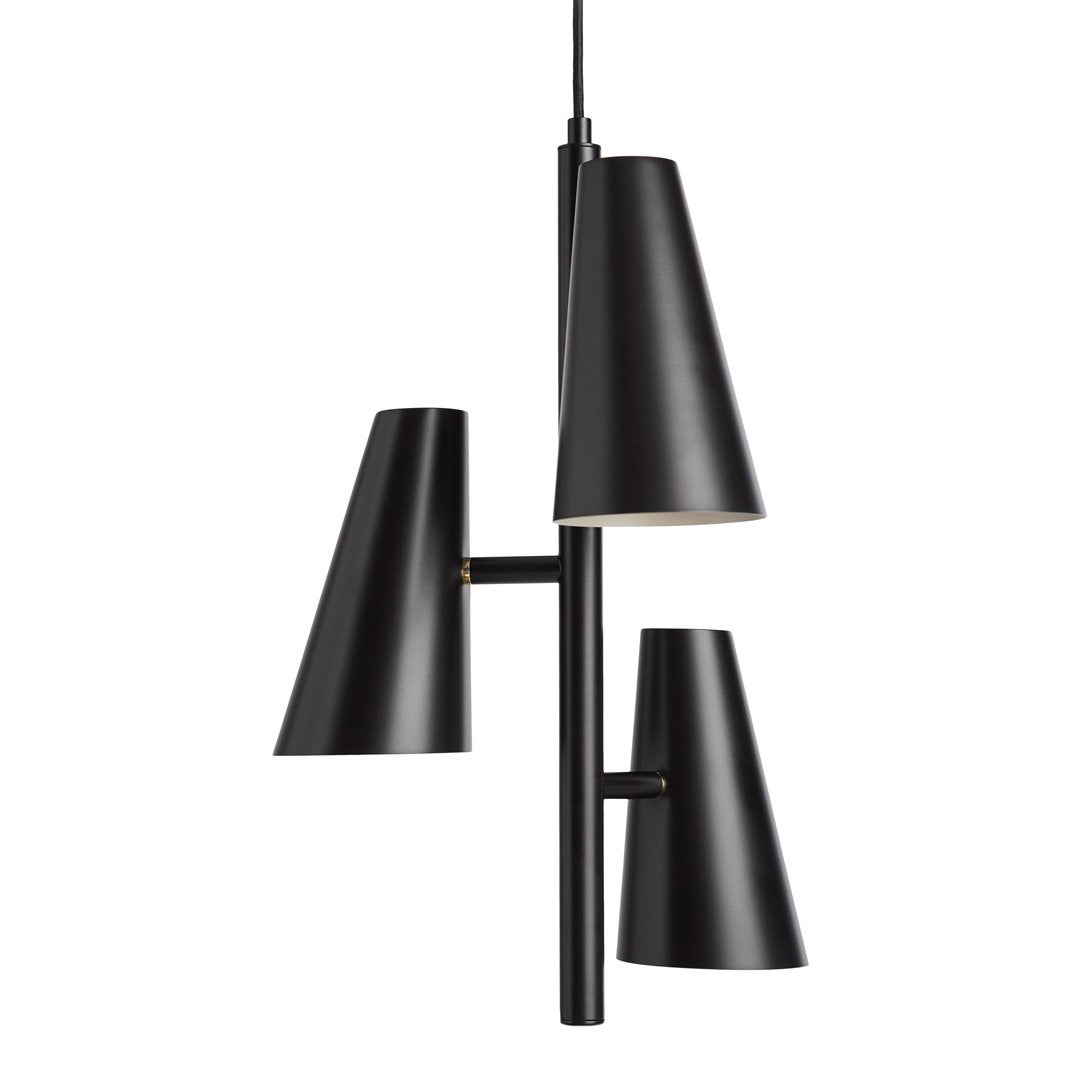 Modern black pendant light with three conical shades and a sleek, minimalist design. Ideal for contemporary spaces.