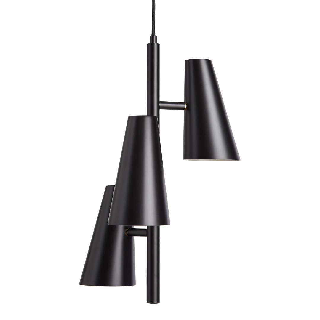 Modern black pendant light with three conical shades and a sleek matte finish. Ideal for minimalist decor.