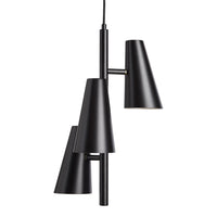 Modern black pendant light with three conical shades and a sleek matte finish. Ideal for minimalist decor.