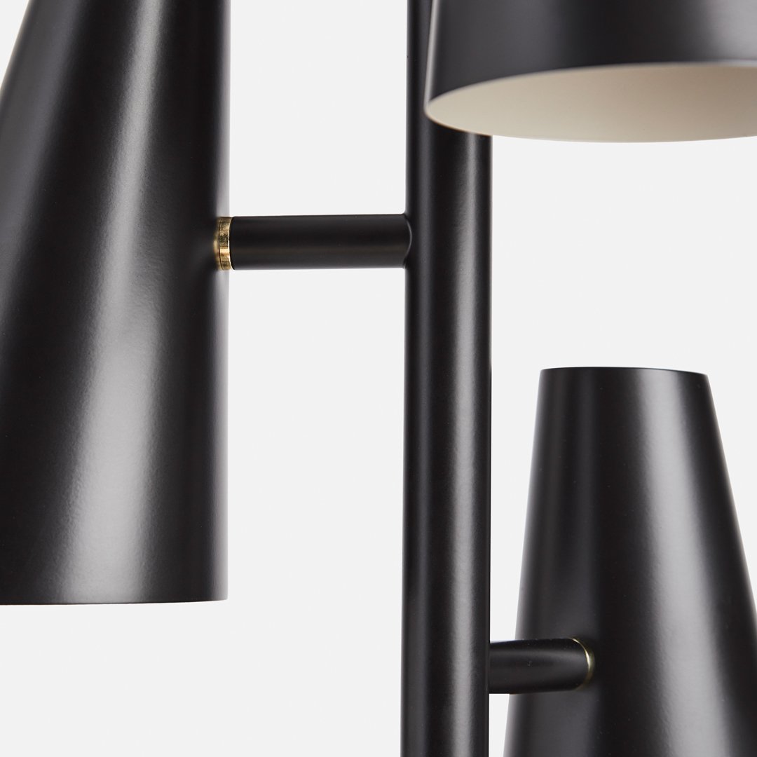 Black modern lamp with sleek, conical shades and matte finish, accented by gold details for a stylish touch.