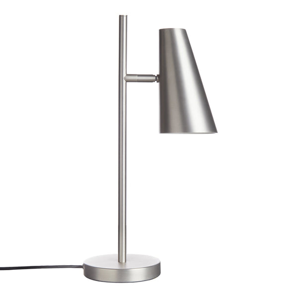 Sleek silver metal desk lamp with a minimalist design and simple cone shade, perfect for modern decor.