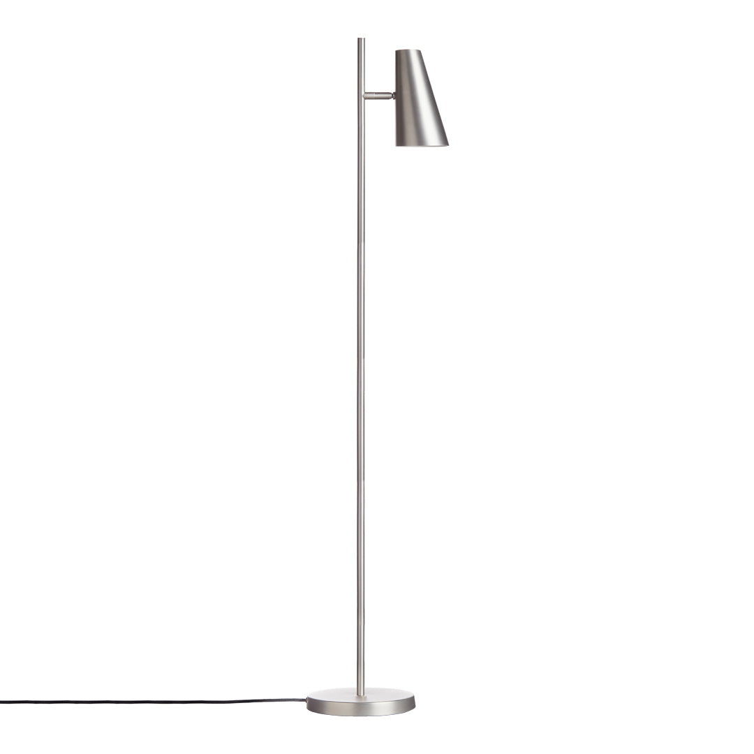 Sleek silver floor lamp with a minimalistic design and a polished metal shade, perfect for modern decor.