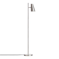 Sleek silver floor lamp with a minimalistic design and a polished metal shade, perfect for modern decor.