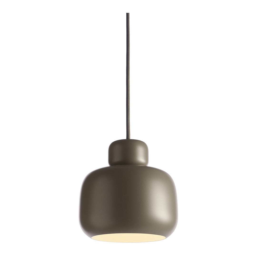 Modern pendant light in muted olive green with a smooth, matte finish. Ideal for adding elegance to any space.
