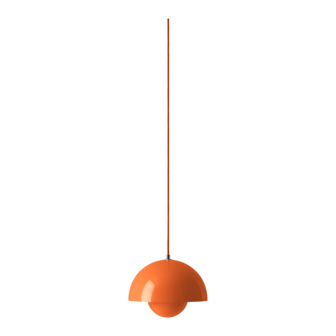 Orange pendant lamp with a sleek half-circle design and minimalist aesthetic, perfect for modern interiors.