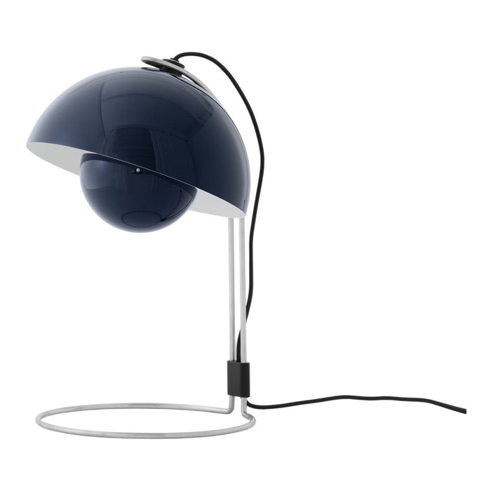 Navy blue dome lamp with a sleek silver base and minimalistic design, featuring a glossy finish.