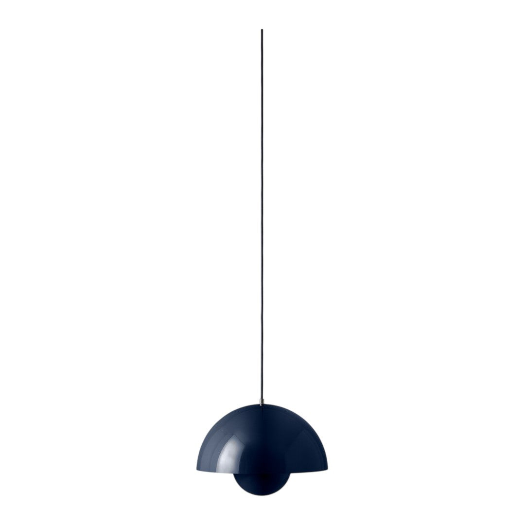 Navy blue pendant lamp with a sleek, modern design featuring a semi-circular pattern. Perfect for contemporary decor.