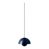 Navy blue pendant lamp with a sleek, modern design featuring a semi-circular pattern. Perfect for contemporary decor.