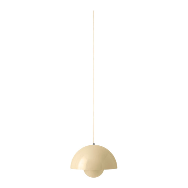 Cream-colored pendant light with a minimalist half-sphere shape and smooth finish, hanging from a slim cord.