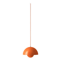 Bright orange pendant lamp with a smooth, curved design and a minimalist appearance. Ideal for modern decor.