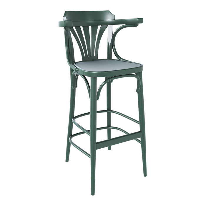 Green bar stool with sleek lines and a modern design, featuring a sturdy metal frame and a minimalist aesthetic.