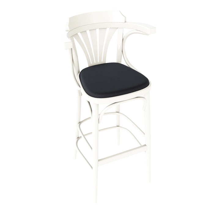 White bar stool with a sleek design and a deep black cushion seat, ideal for modern decor.