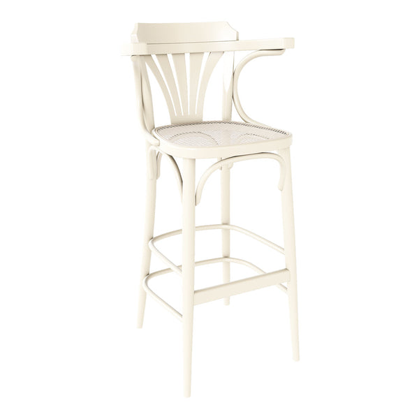 White wooden bar stool with curved back and elegant minimalistic design, featuring smooth surfaces and airy patterns.