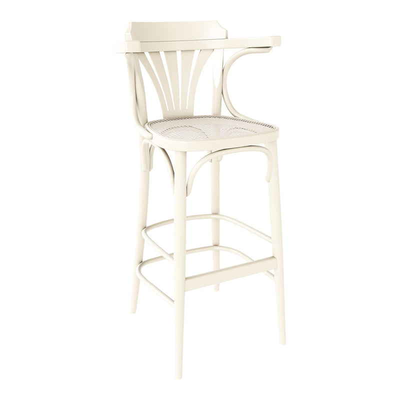 White wooden bar stool with curved back and elegant minimalistic design, featuring smooth surfaces and airy patterns.