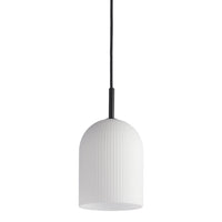 White ribbed pendant lamp with a sleek black hanging cord for modern decor. Perfect for stylish illumination.