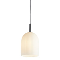 White ribbed glass pendant lamp with a sleek black metal fixture, perfect for modern decor.