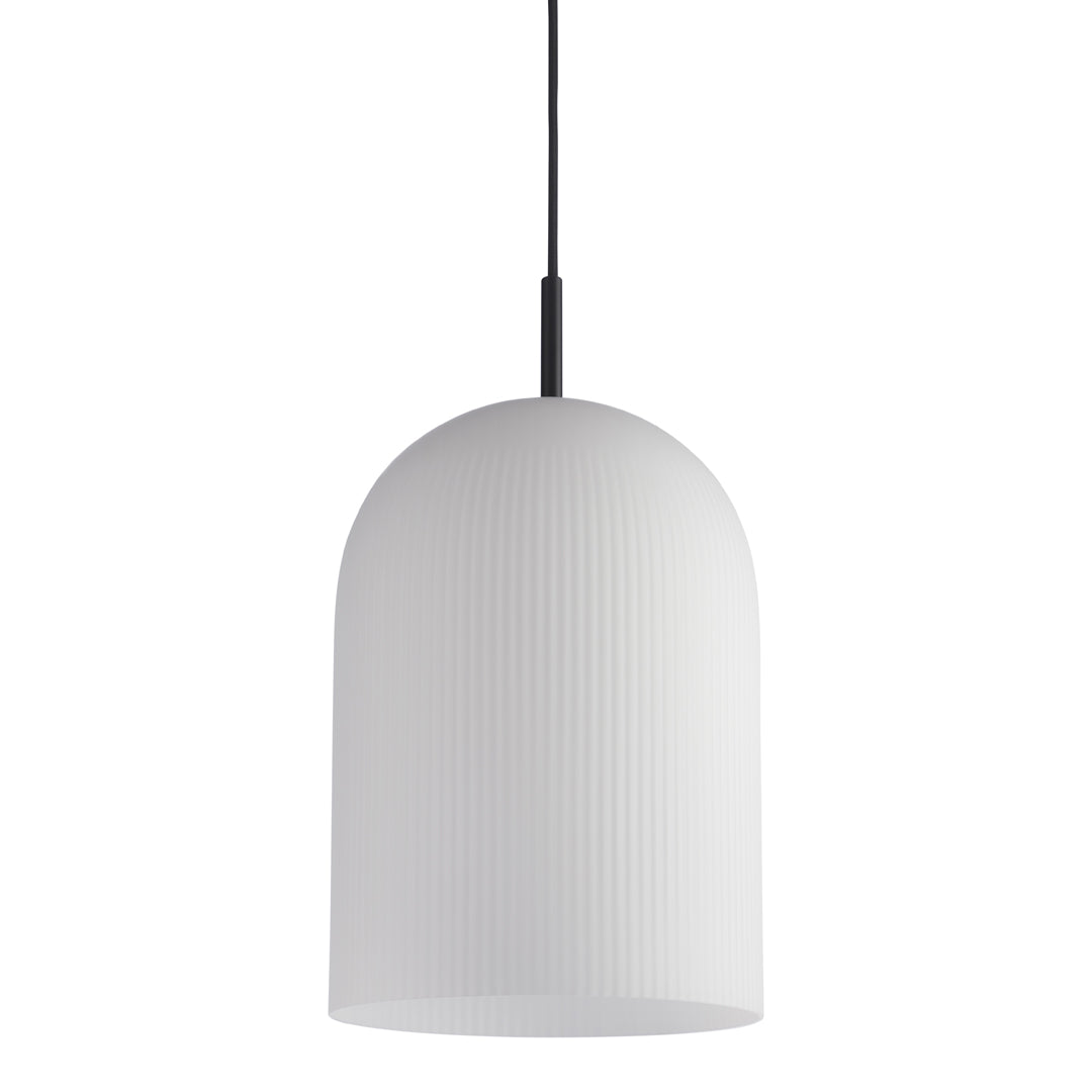 White ribbed pendant lamp with a black slender cord, creating a modern and minimalist design.