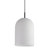 White ribbed pendant lamp with a black slender cord, creating a modern and minimalist design.