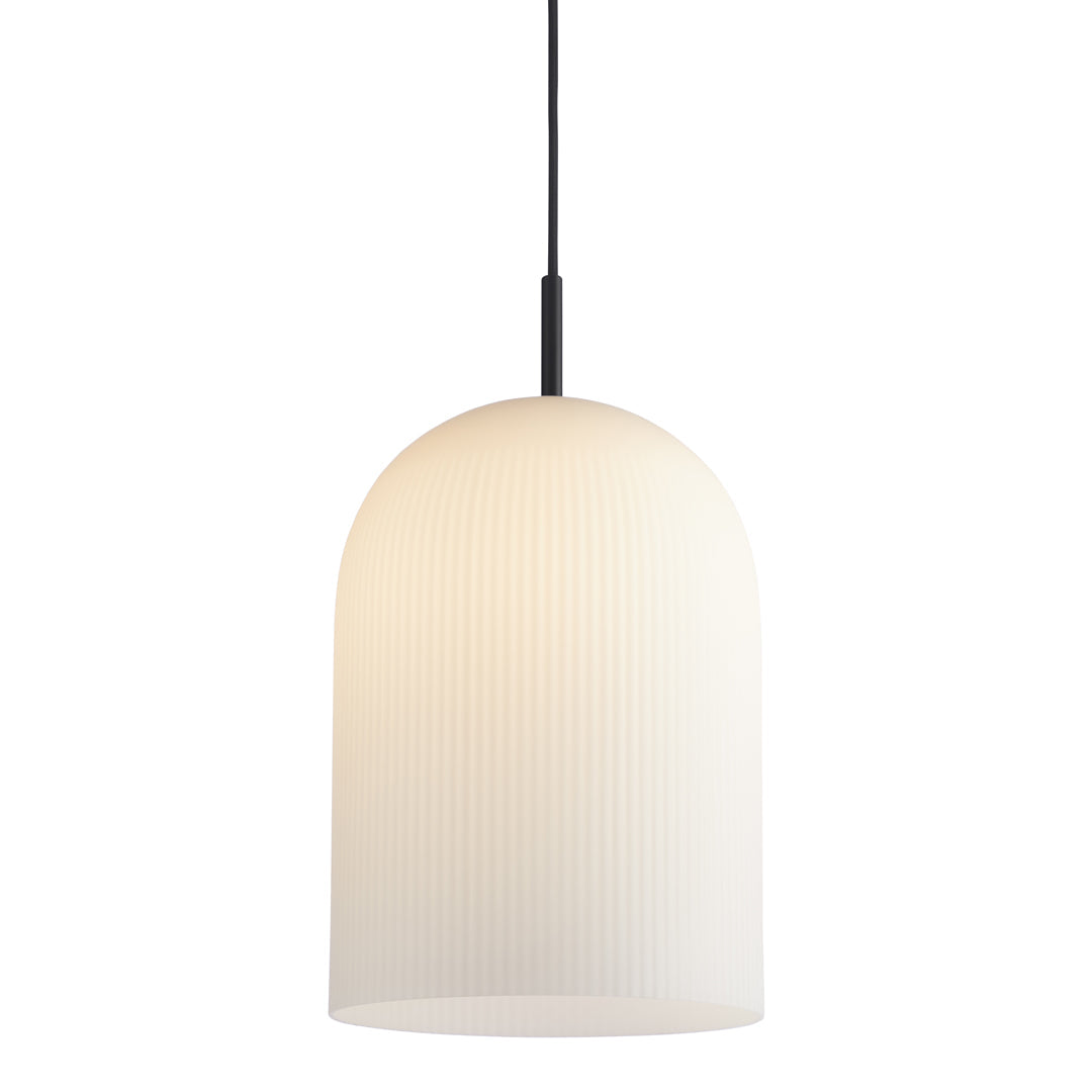 White ribbed pendant lamp with a sleek black cable, perfect for modern interior decor.