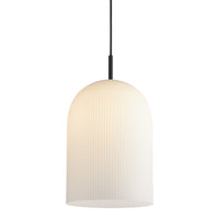 White ribbed pendant lamp with a sleek black cable, perfect for modern interior decor.