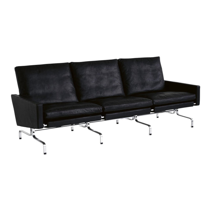 Black leather sofa with a sleek modern design and chrome legs, featuring smooth, minimalist lines.