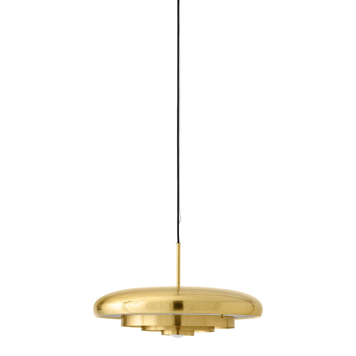 Sleek gold pendant lamp with a smooth, reflective finish and black hanging cord, perfect for modern decor.
